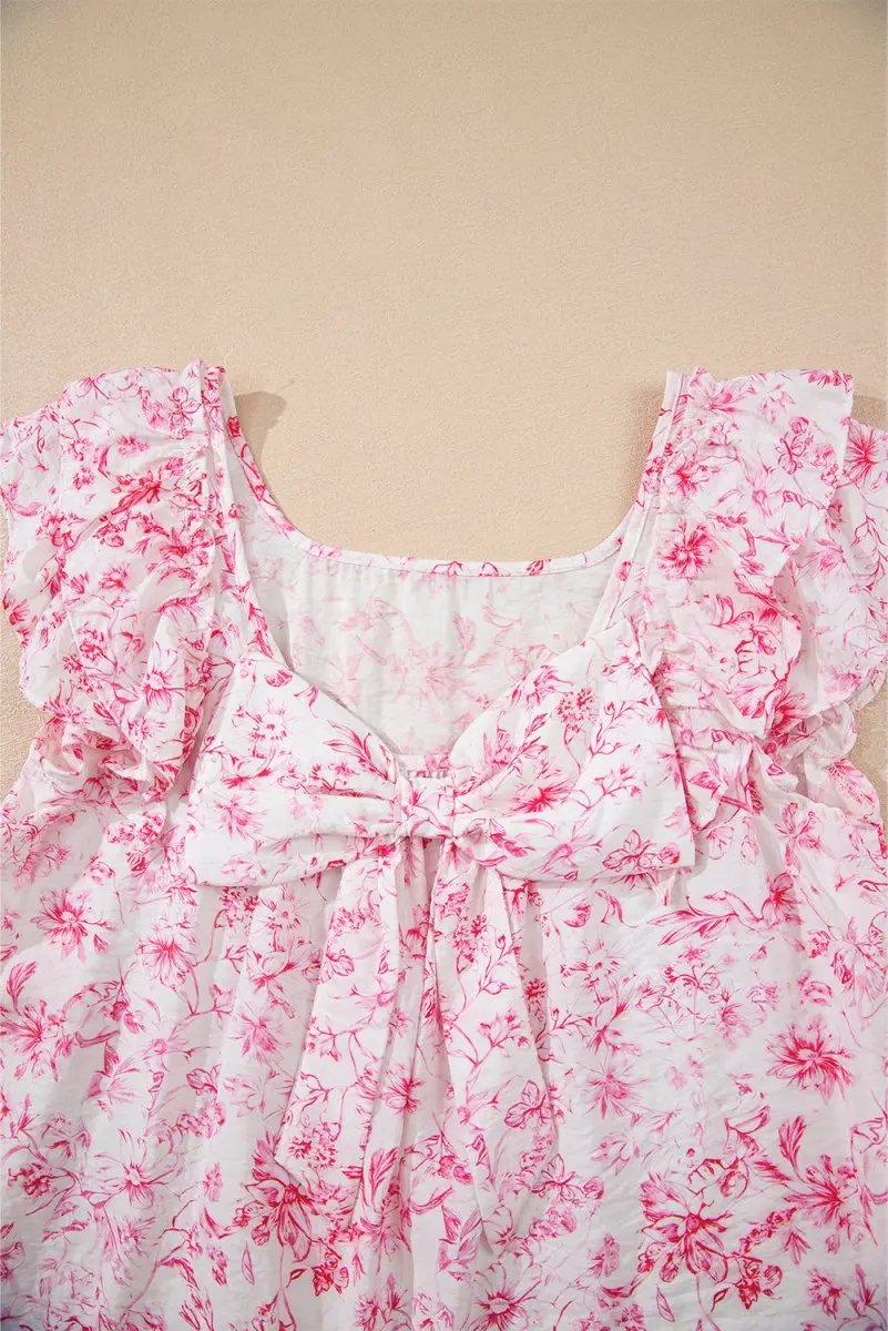 Pink Floral Ruffled Short Sleeve Bow Back Square Neck Blouse - Love Salve